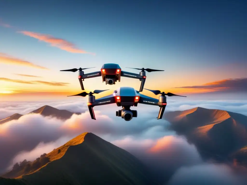Un enjambre de drones comerciales compitiendo al atardecer