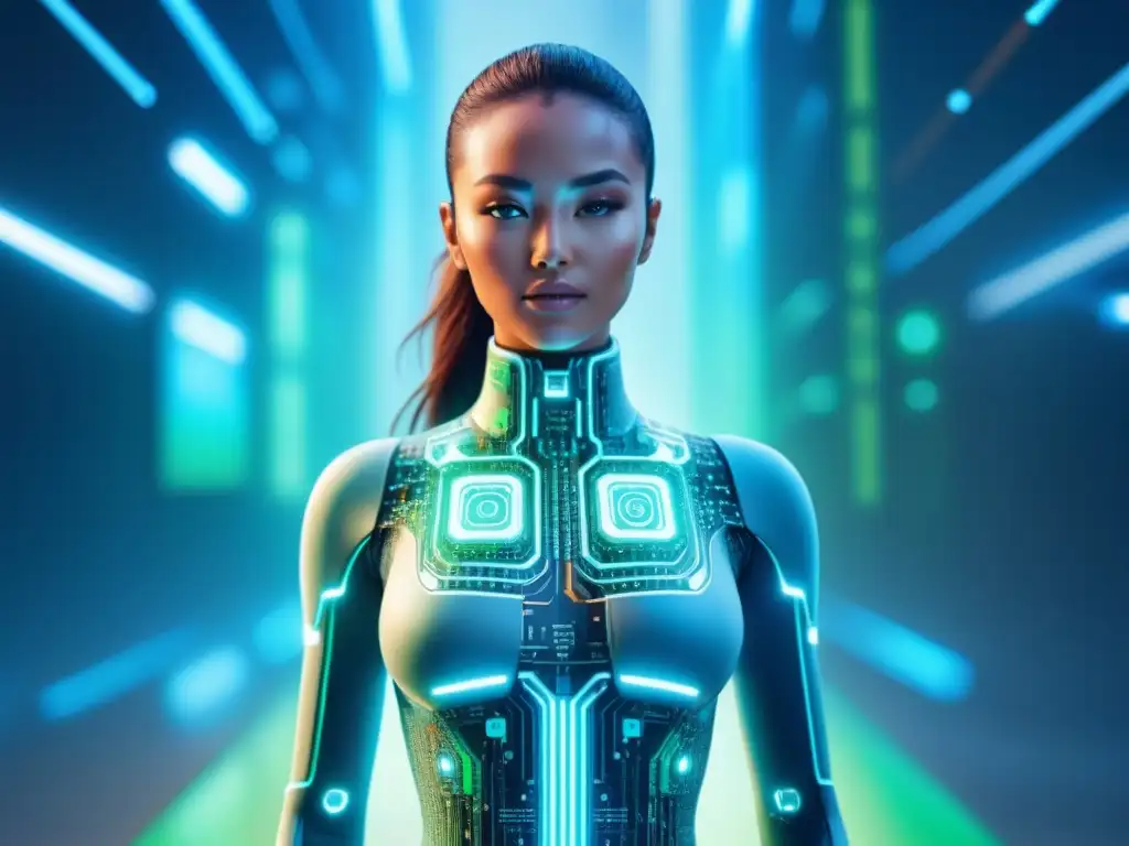 Figura digital futurista en paisaje virtual, AI y código binario Un entorno futurista de IA con figura humanoide digital rodeada de iconos, en paisaje virtual