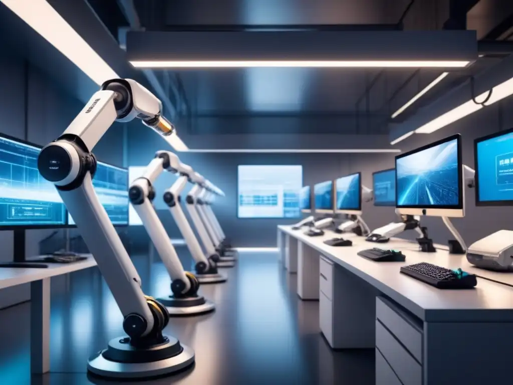Red de brazos robóticos en entorno industrial futurista Un entorno industrial de alta tecnología con un enrejado de brazos robóticos interconectados, destacando la integración de sistemas robóticos