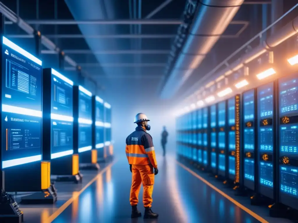 Instalación industrial futurista con tecnología blockchain integrada Un entorno industrial futurista con tecnología blockchain y seguridad industrial integradas
