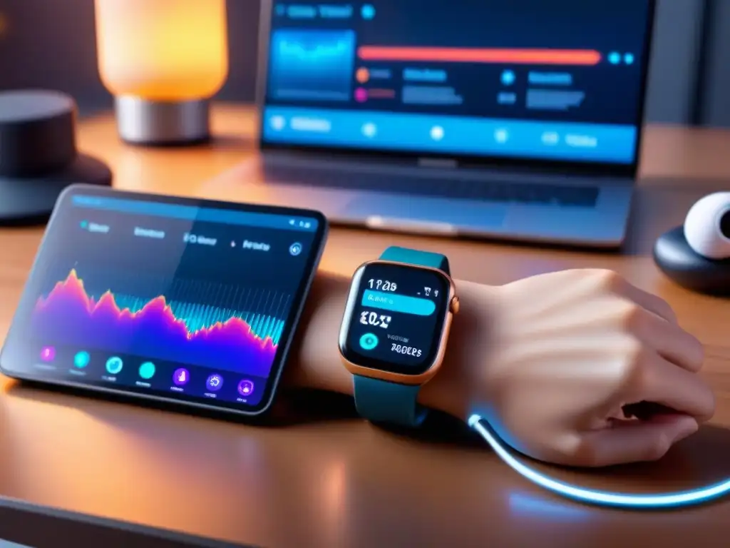 Un entorno laboral moderno que integra tecnología en bienestar empresarial con un smartwatch, auriculares y una app de productividad en un ordenador