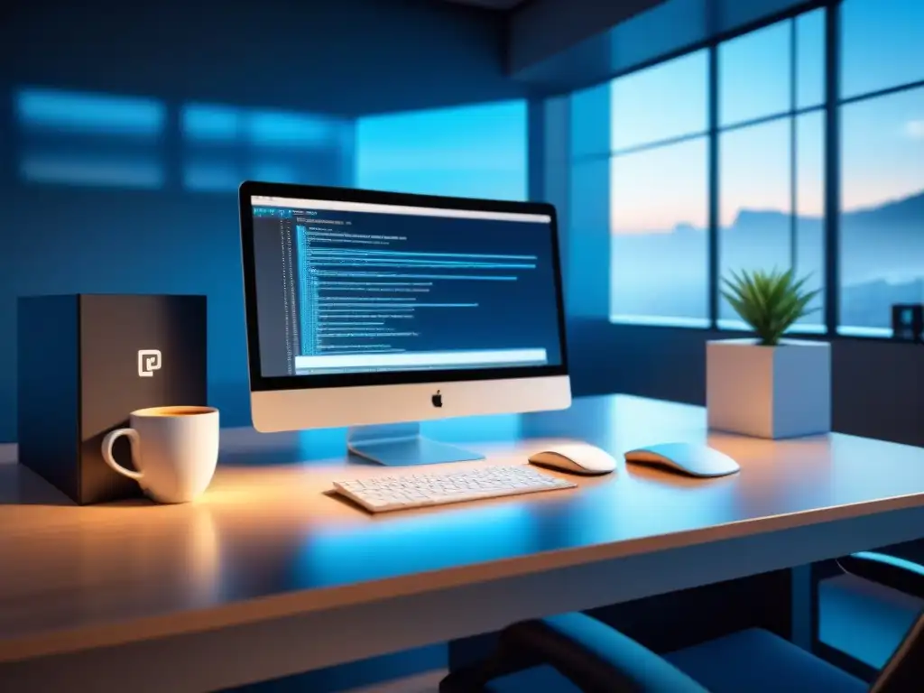 Un entorno minimalista de un desarrollador de software, con código en pantalla, café, gafas y símbolos de derechos de autor en software