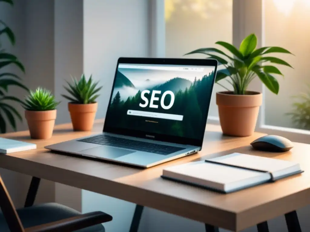 Escritorio minimalista: Estrategias SEO en armonía Un entorno sereno y minimalista con una moderna configuración de escritorio para estrategia SEO en el panorama industrial