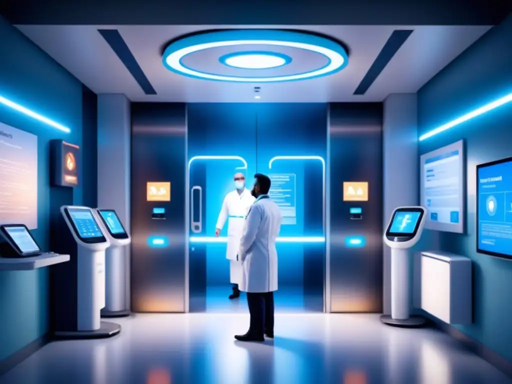 Entrada futurista de hospital con scanners biométricos integrados, transmitiendo eficiencia y modernidad en sistemas biométricos hospitalarios