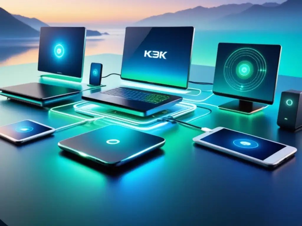 Un entramado moderno de dispositivos digitales interconectados, con iconos de sistemas, fusionándose en un centro radiante de datos