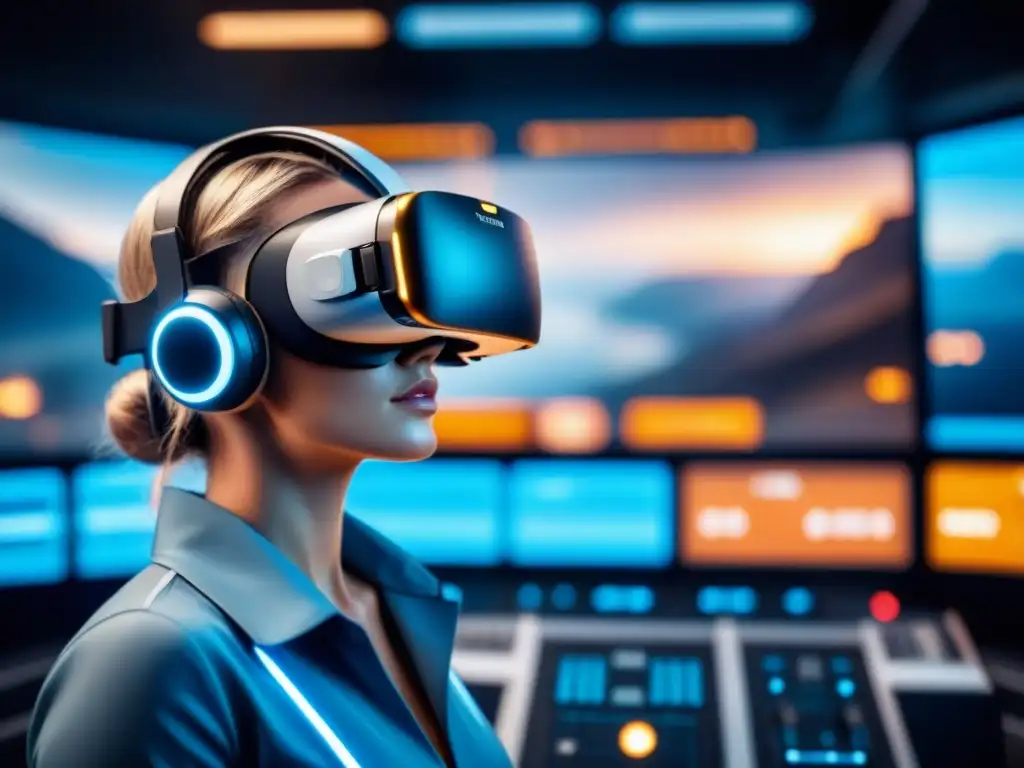 Entrenamiento virtual para operaciones de minería sostenible: un casco de realidad virtual brillante sobre un panel de control industrial moderno