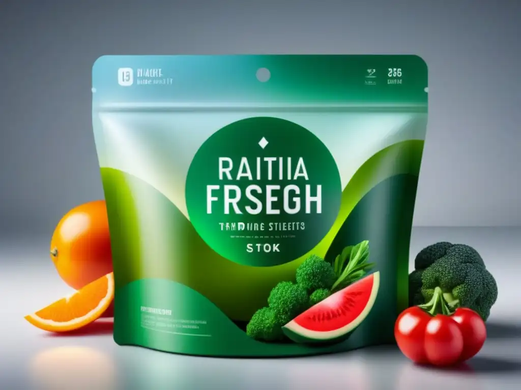 Envase de alimentos frescos con diseño futurista y pantalla digital mostrando el estado de frescura