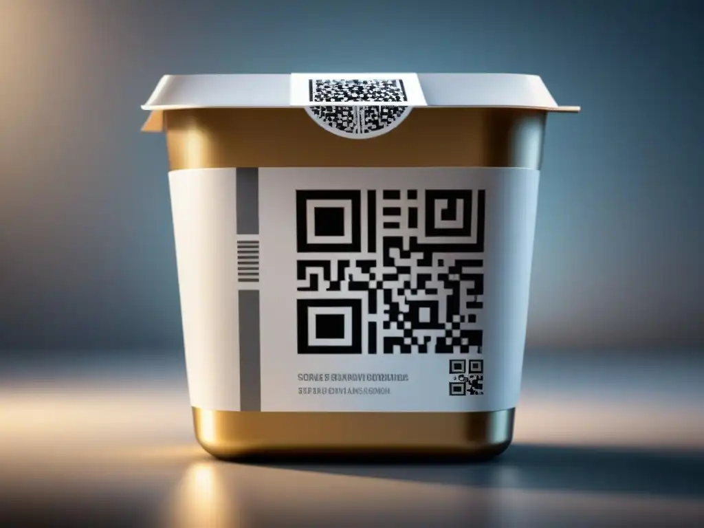 Un envase de alimentos futurista con tecnología NFC y códigos QR integrados para trazabilidad, en blanco y plata