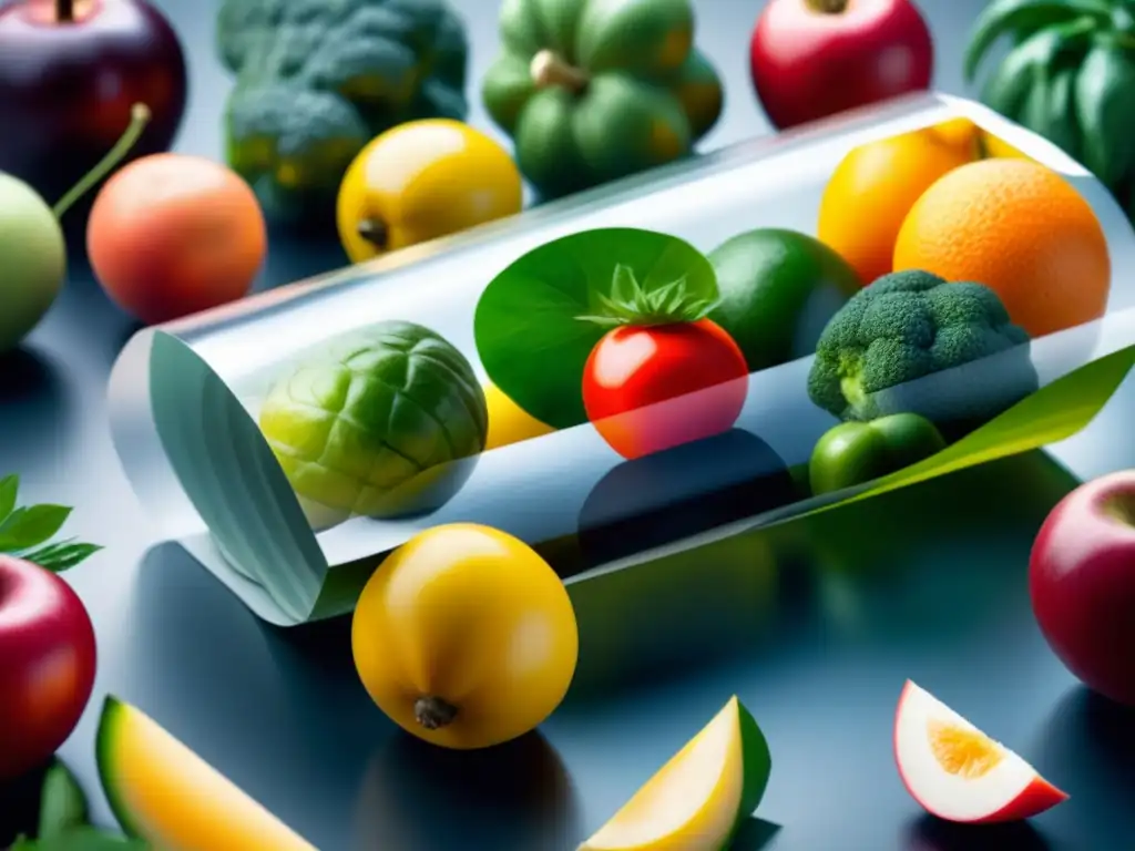 Un envase biodegradable envuelve frutas y verduras frescas, mostrando su textura ecológica