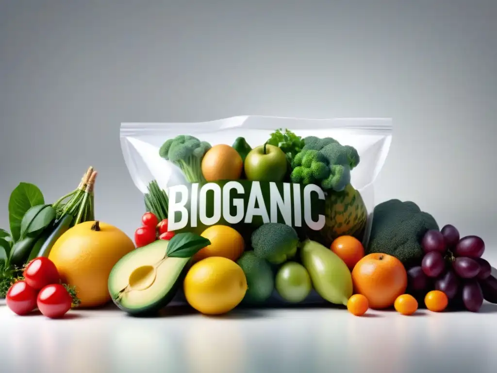 Envase biodegradable moderno con alimentos orgánicos, resaltando seguridad y beneficios