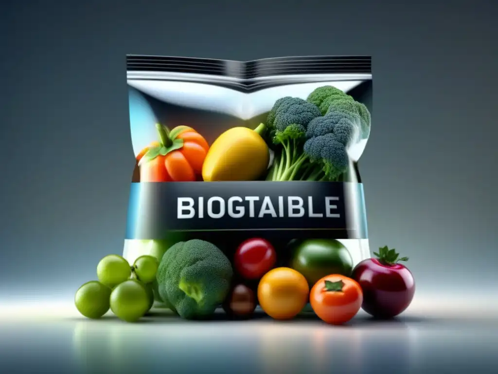 Un envase biodegradable transparente lleno de frutas y verduras frescas y coloridas, simbolizando la sostenibilidad e innovación en biopackaging comestible