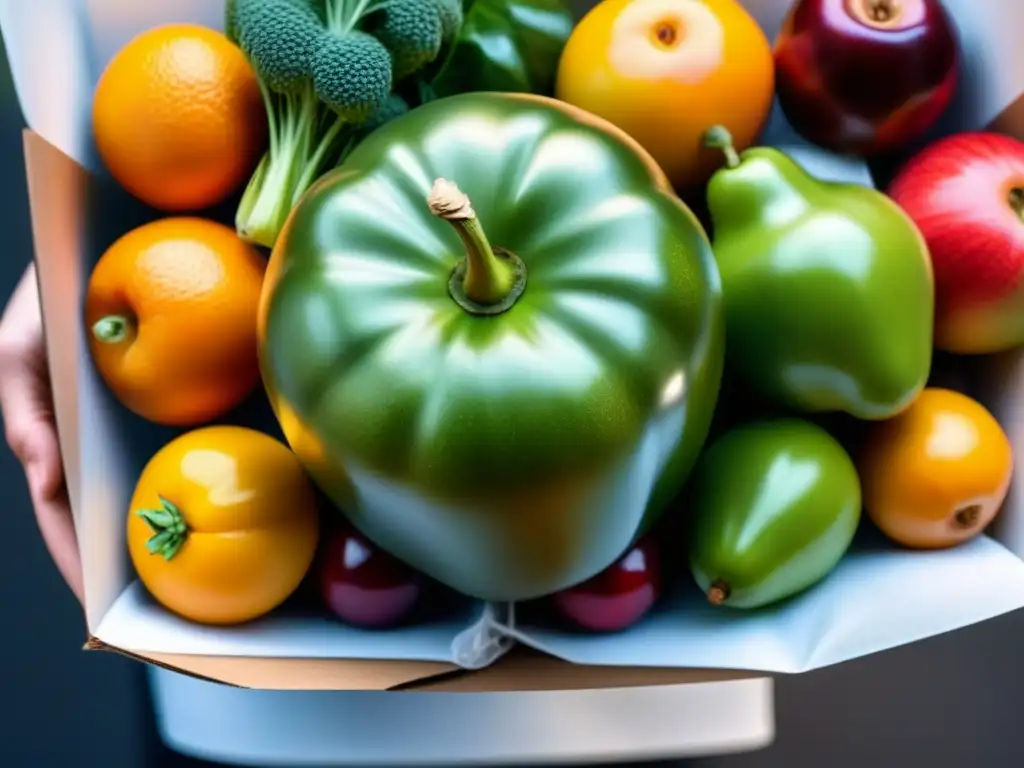 Envoltura biodegradable abrazando frutas y verduras orgánicas, resaltando la sostenibilidad en un elegante y minimalista diseño