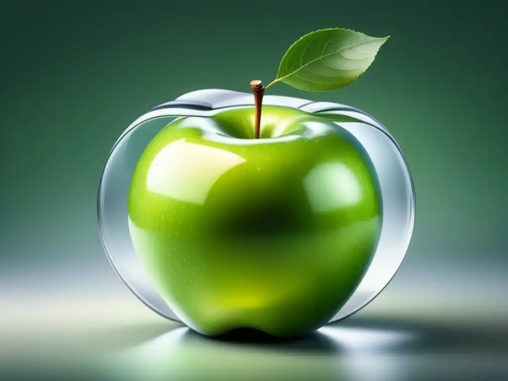Envoltura biodegradable de polímero abrazando una manzana verde, simbolizando la armonía entre sostenibilidad e innovación en embalaje