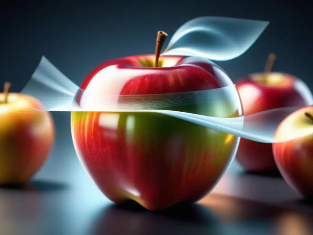 Envuelto en innovación: película nanomaterial transparente rodea una jugosa manzana roja