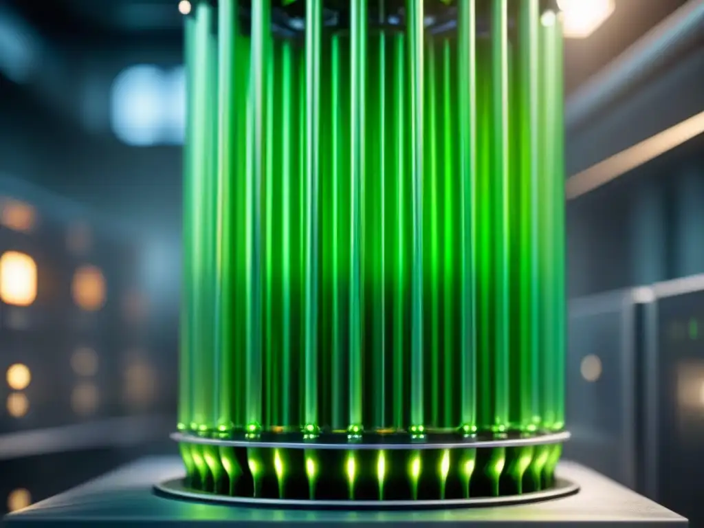 Producción de enzimas industriales en bioreactor futurista, destaca estructuras enzimáticas verdes brillantes