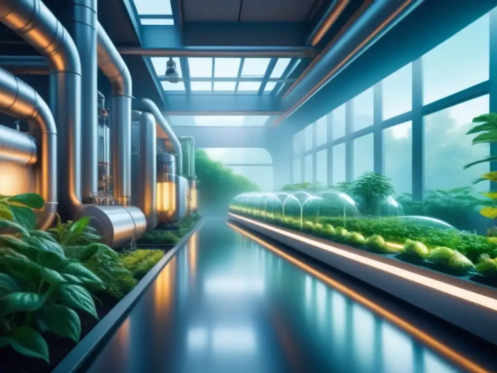 Producción de enzimas industriales con bioreactores avanzados en instalación futurista entre vegetación exuberante