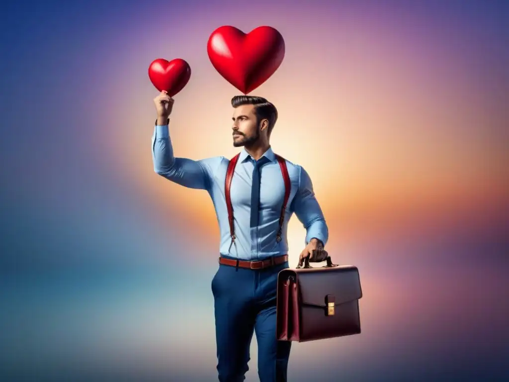 Equilibrio trabajo vida personal: Persona en equilibrio entre trabajo y vida personal, con maletín y corazón en manos