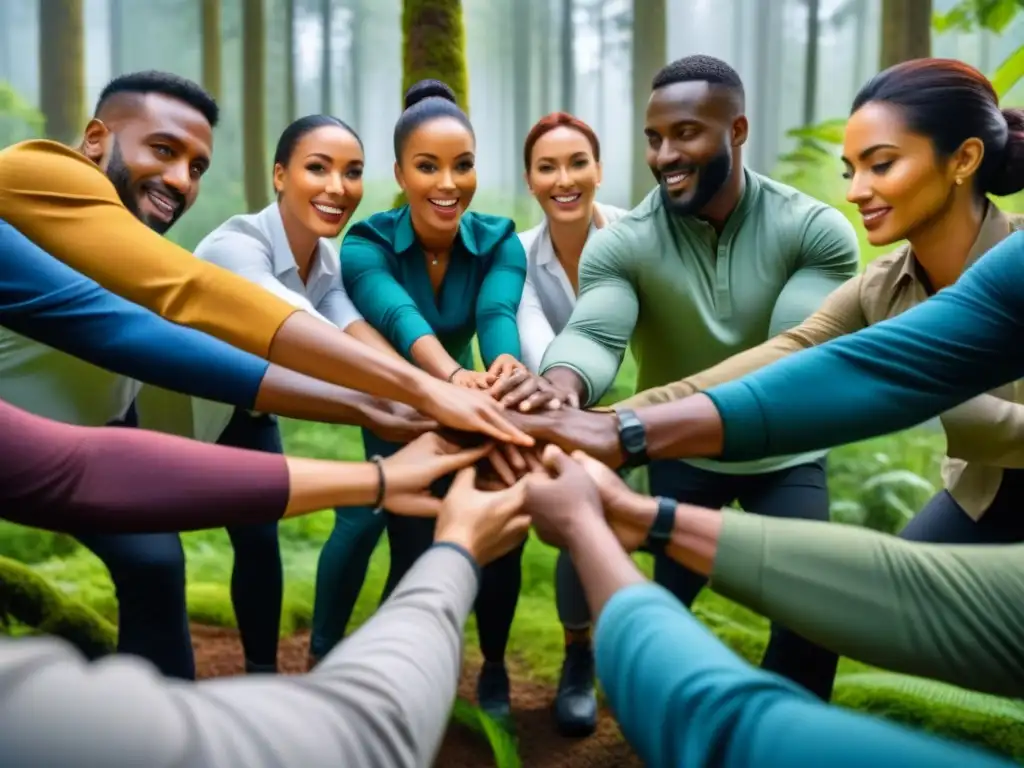 Equipo diverso en actividad de confianza en el bosque, reflejando tendencias bienestar empresarial