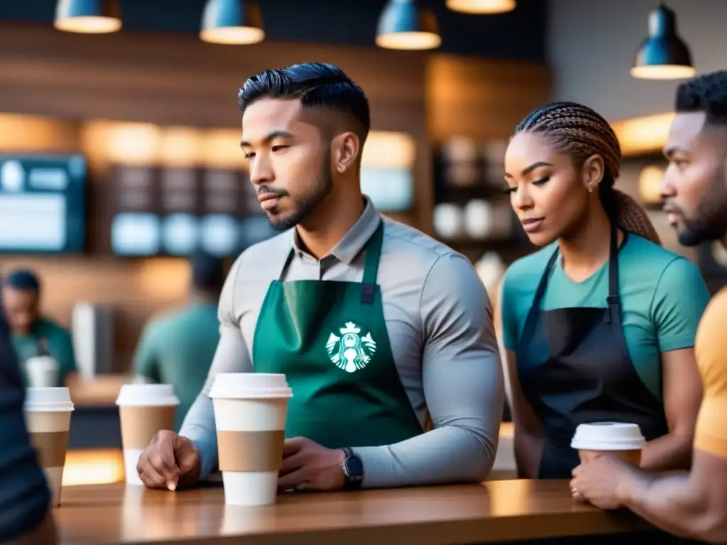 Un equipo diverso de baristas de Starbucks se reúne en una atmósfera empática, demostrando un enfoque revolucionario en la salud mental en el trabajo