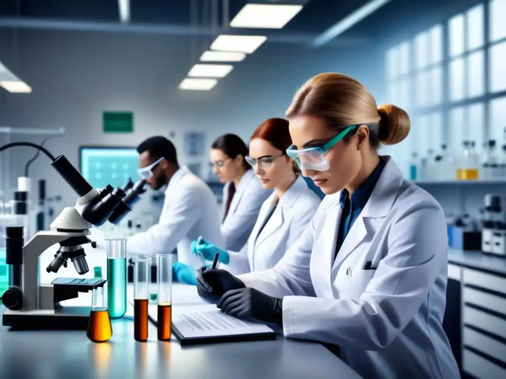 Un equipo diverso de científicos colabora en un laboratorio, realizando experimentos para avances en bioremediación