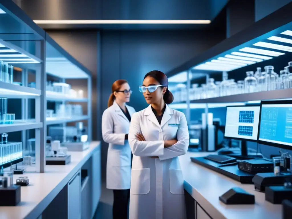 Equipo de científicos avanzando en nanomedicina Un equipo diverso de científicos trabaja con precisión en un laboratorio de alta tecnología, avanzando en nanomedicina