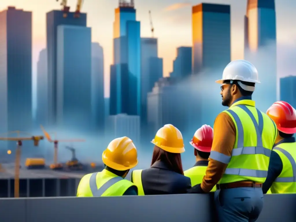 Un equipo diverso de contratistas con cascos de colores coordinan en un sitio de construcción en la ciudad