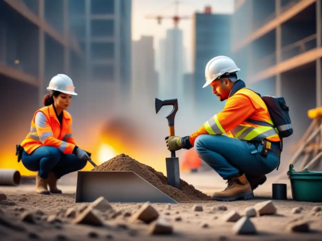 Equipo diverso de contratistas trabajando juntos en obra, con herramientas y equipo de seguridad