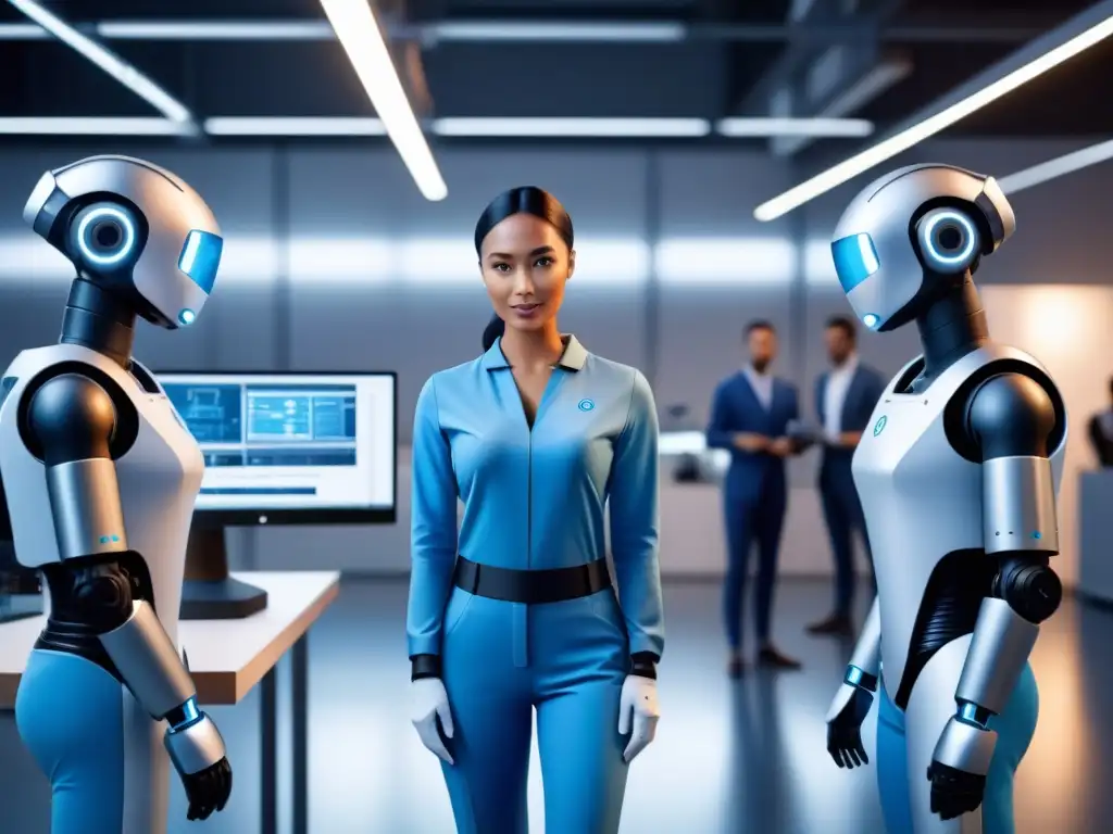 Equipo diverso en entrenamiento con cobots, reflejando innovación y colaboración