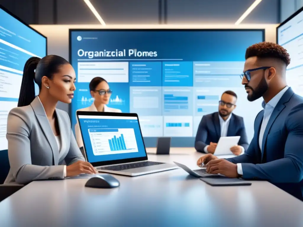 Equipo diverso implementando ERP estrategias cambio organizacional