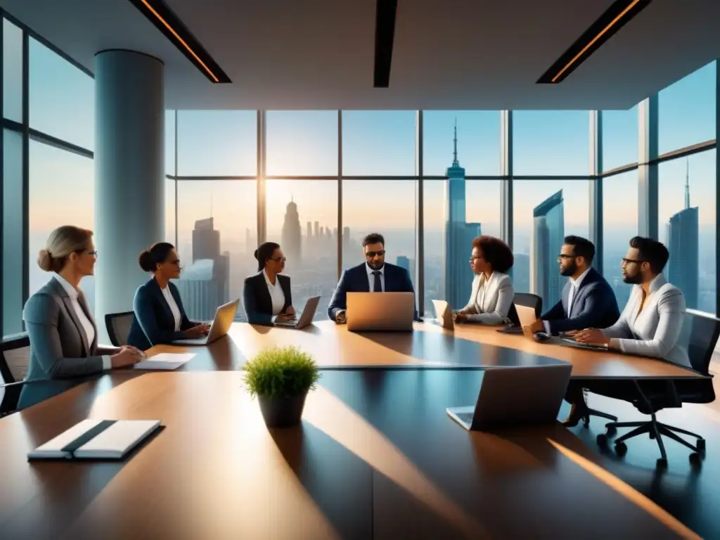 Un equipo diverso e innovador discute estrategias en una oficina moderna con vista a la ciudad