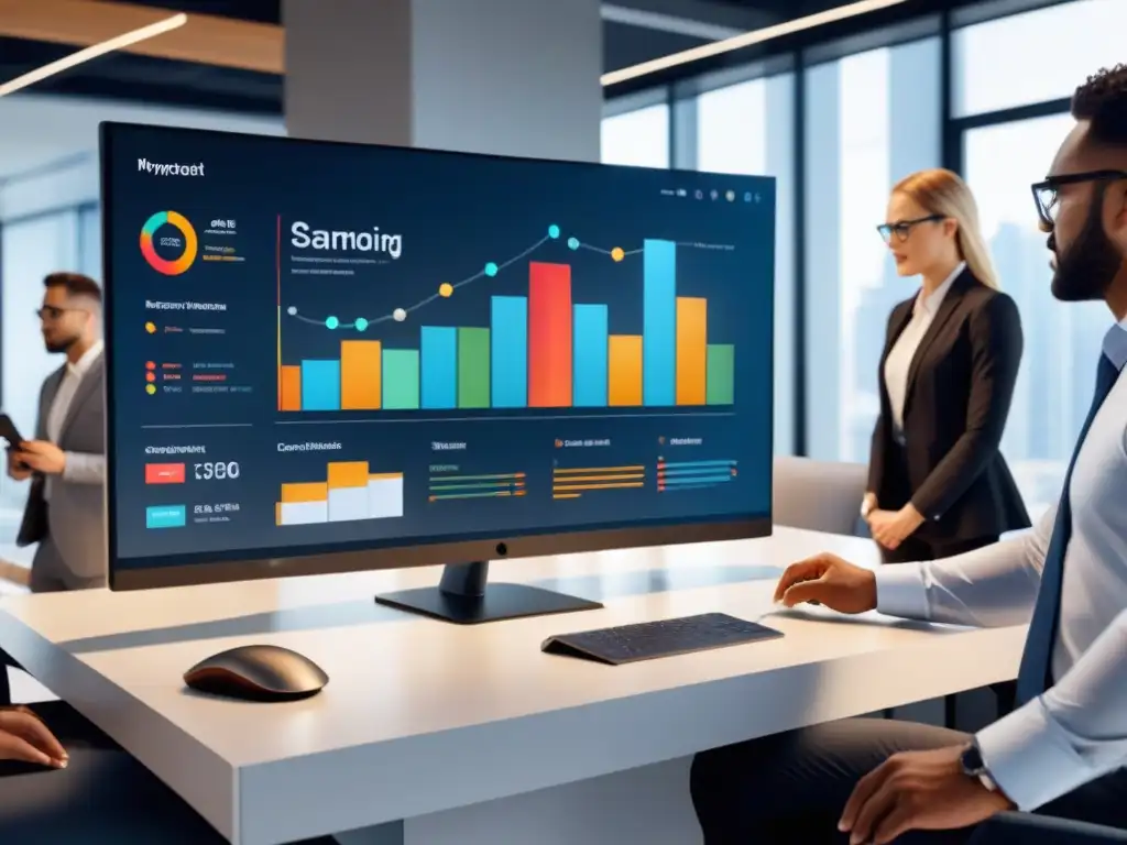 Equipo diverso colaborando en un moderno software de gestión de proyectos en una oficina tecnológica y sofisticada
