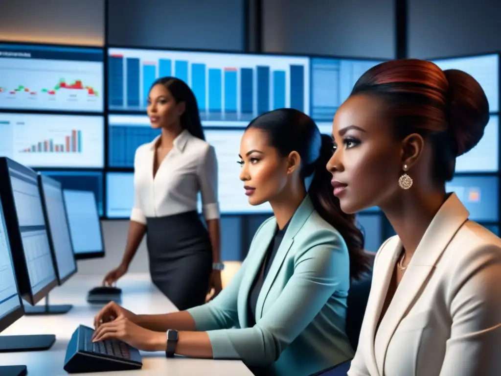 Un equipo diverso en una oficina moderna, colaborando en análisis de datos financieros con Big Data y AI