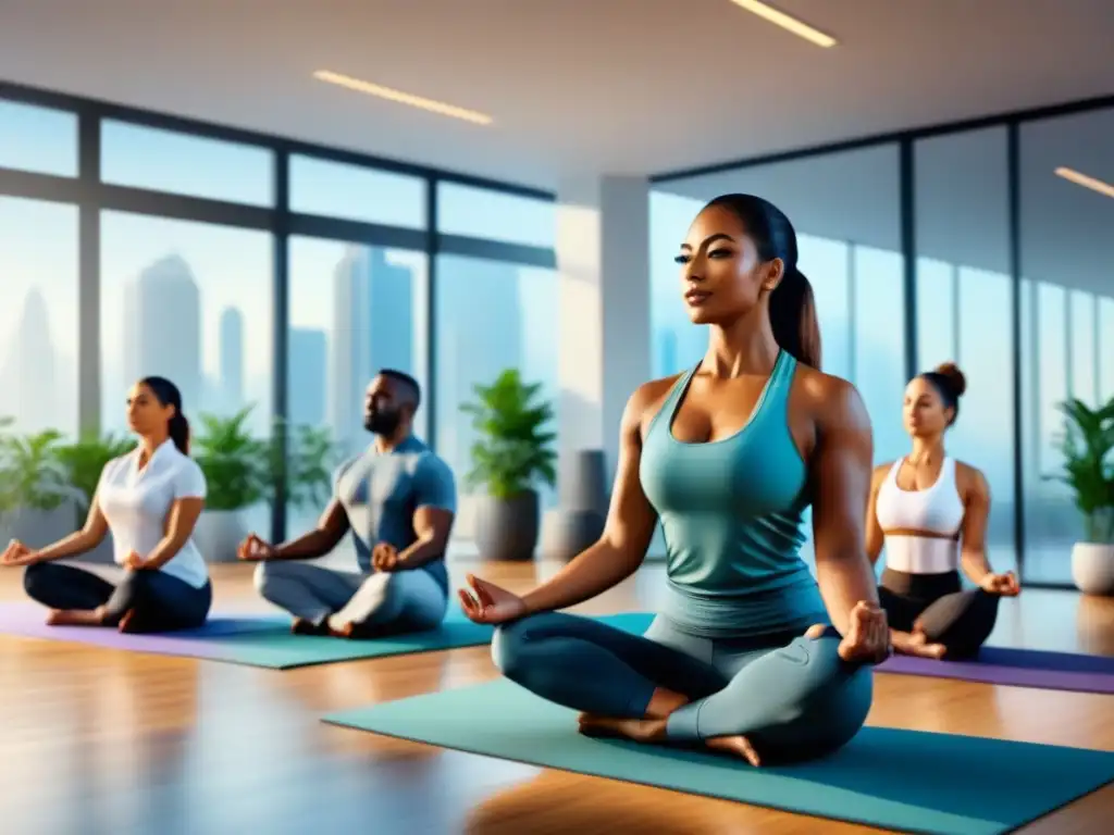 Un equipo diverso en una oficina moderna practica yoga y meditación para el programa de bienestar de la organización