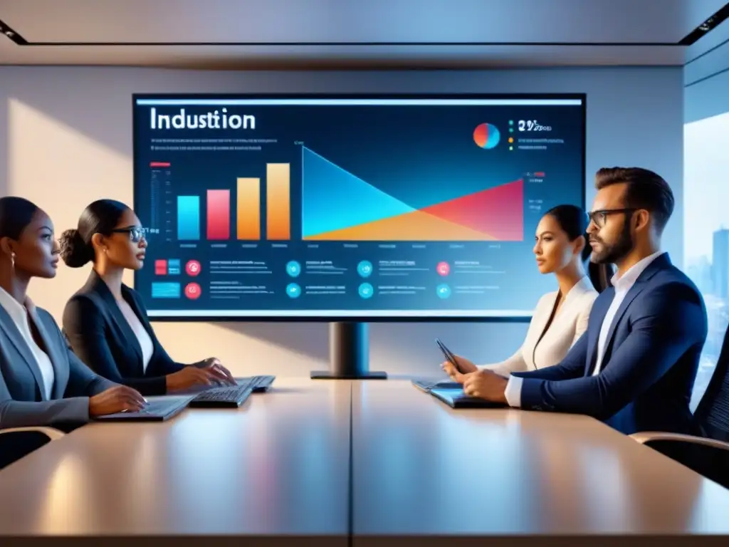 Equipo diverso innovando juntos en oficina moderna Un equipo diverso en una oficina moderna, colaborando alrededor de una pantalla digital con datos industriales