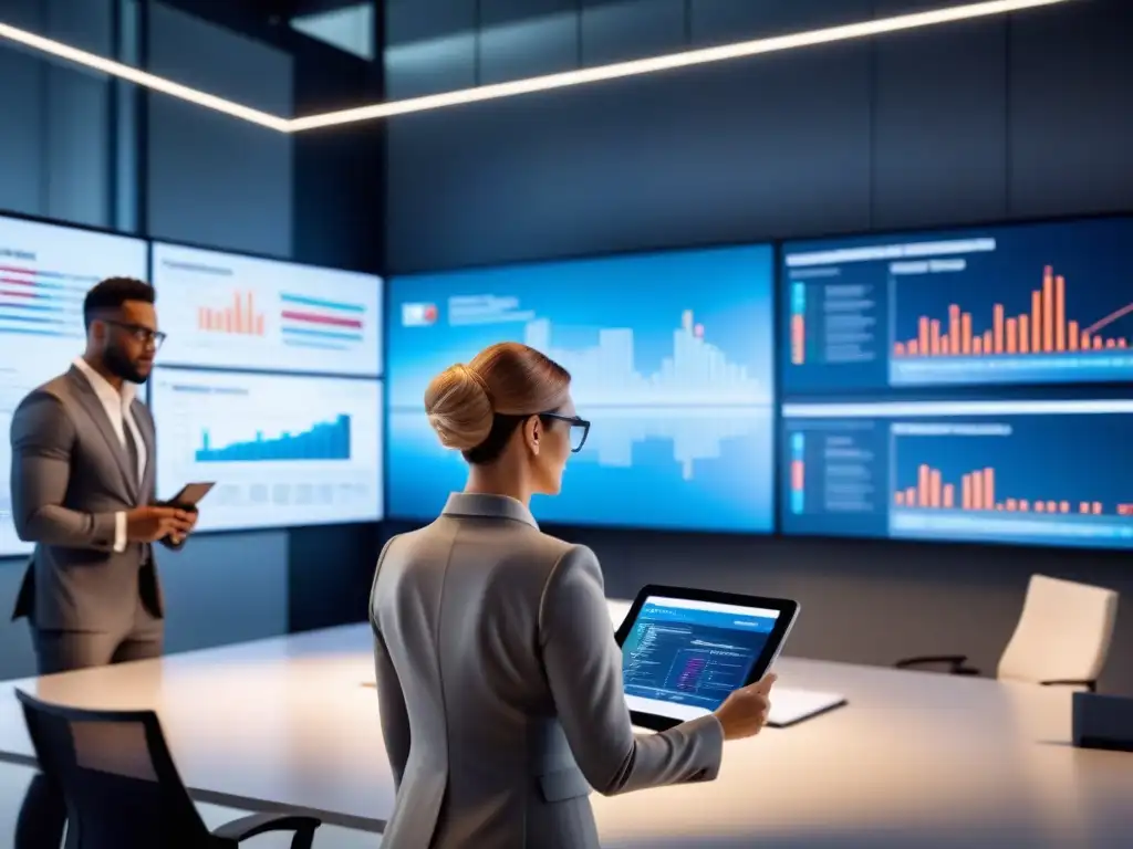 Un equipo diverso colaborando en oficina moderna con pantallas digitales