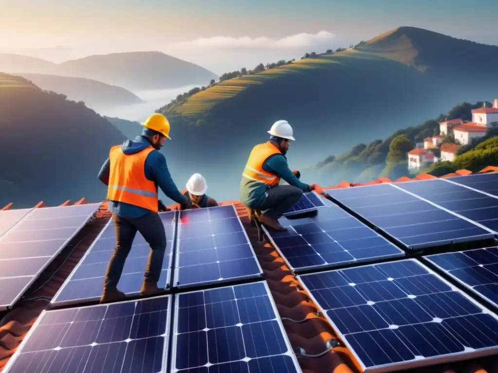 Equipo diverso instala paneles solares, simbolizando el desarrollo sostenible energías renovables