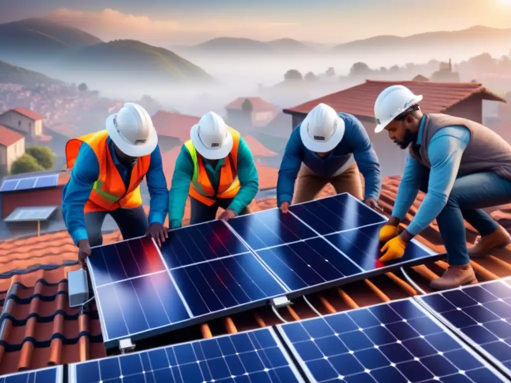 Equipo diverso instalando paneles solares en tejado, simbolizando soluciones renovables para pobreza energética