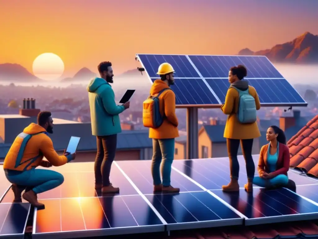 Equipo diverso instalando paneles solares, unidos por 'Energía solar accesible para todos'