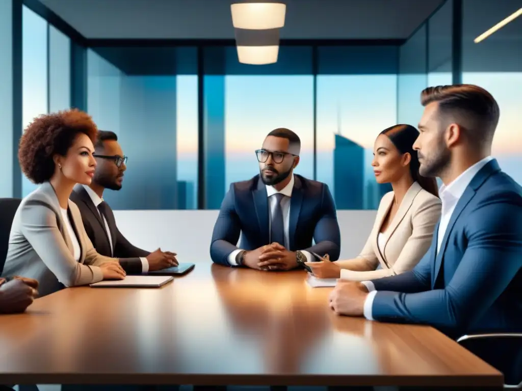 Un equipo diverso y profesional en una oficina moderna discutiendo estrategias de gestión de riesgos