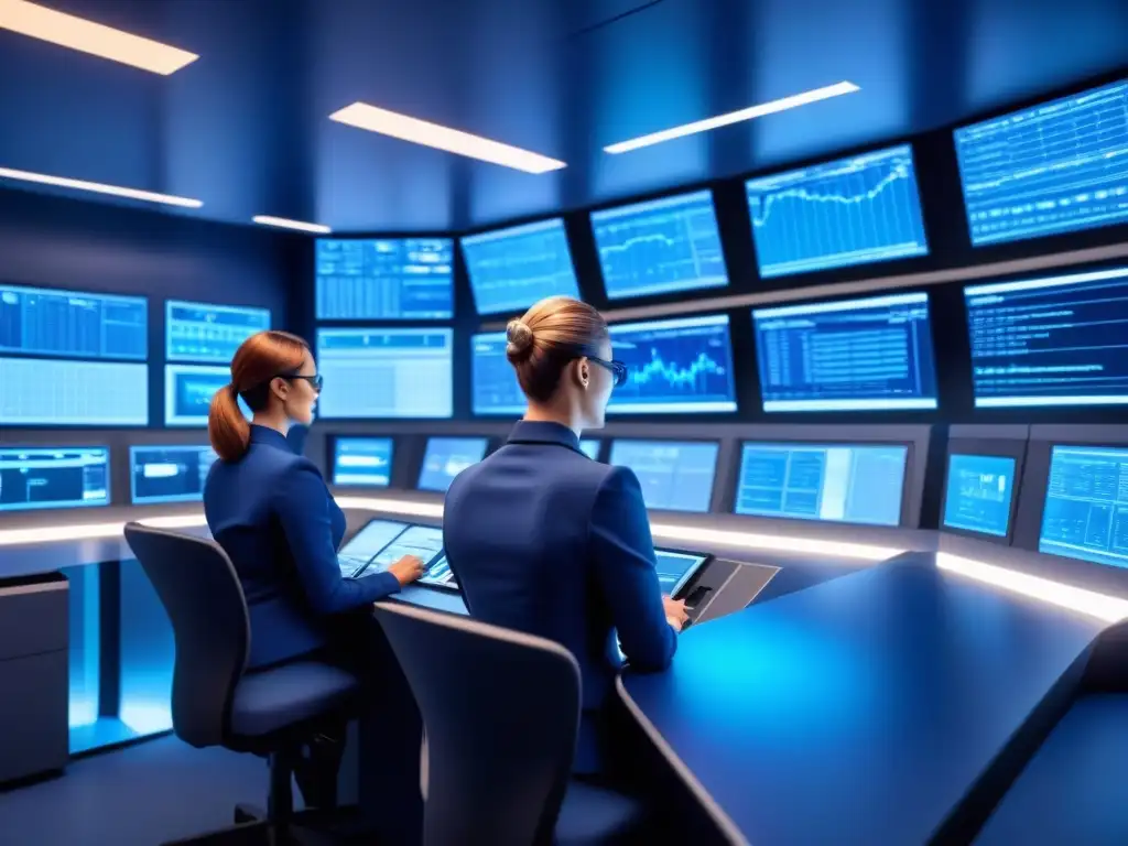 Sala de control futurista con equipo de ciberseguridad diverso Un equipo diverso de profesionales de ciberseguridad monitorea una sala de control futurista en una infraestructura energética