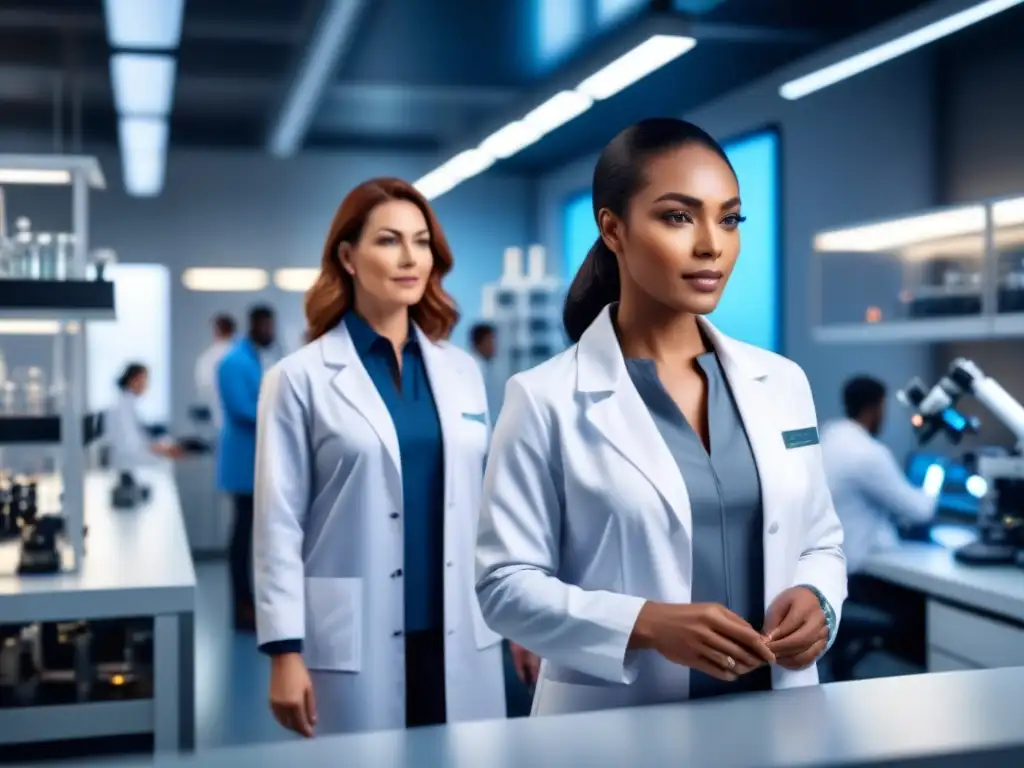Un equipo diverso de profesionales colaborando en un laboratorio de biotecnología, destacando trabajo en equipo e innovación