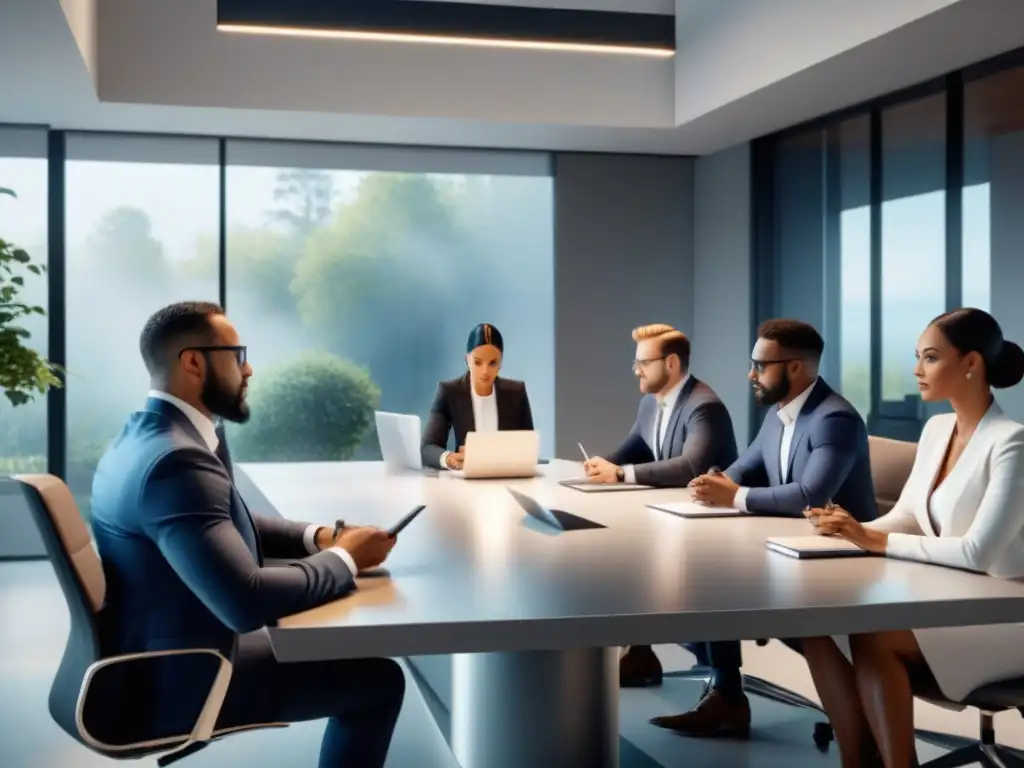 Un equipo diverso de profesionales se reúne en una moderna sala para discutir estrategias de implementación ERP