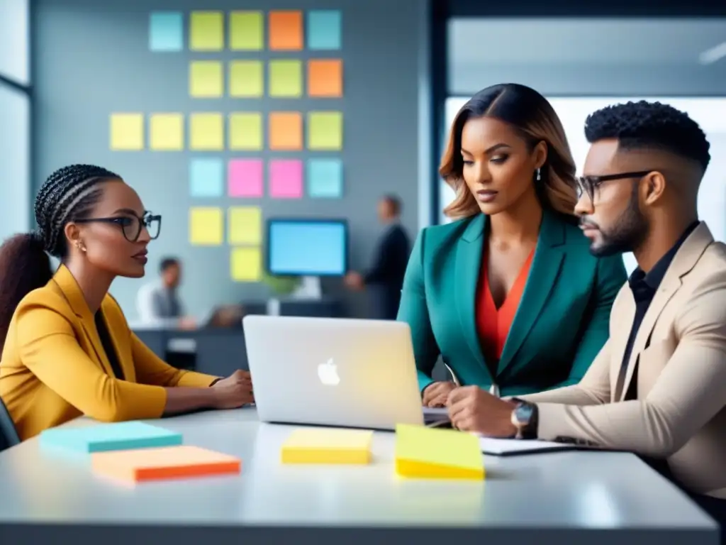 Equipo diverso de profesionales en oficina moderna, colaborando en innovación abierta en empresas