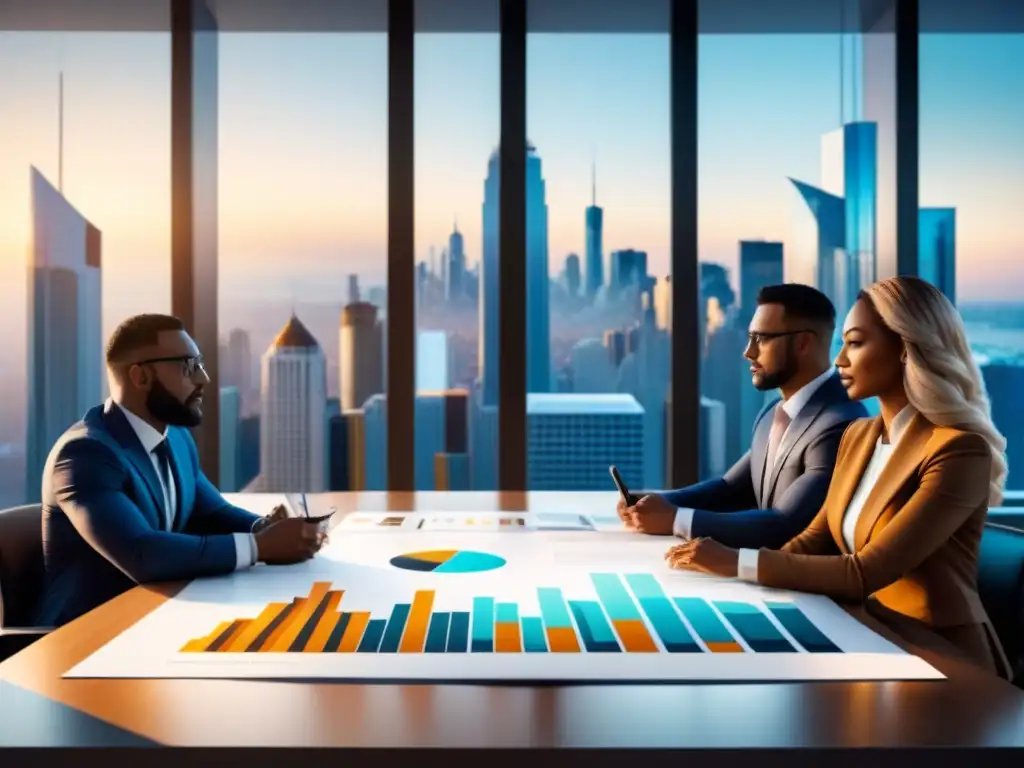 Profesionales diversos en brainstorming estratégico en oficina moderna Un equipo diverso de profesionales elaborando políticas gubernamentales financiamiento innovación en una oficina moderna con vista a la ciudad