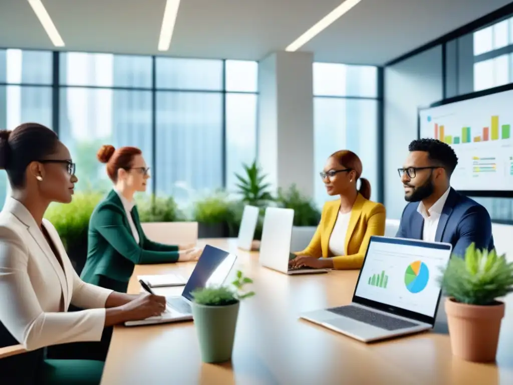 Equipo diverso de profesionales colaborando en una sala de reuniones moderna, simbolizando la consultoría de gestión estrategias innovación