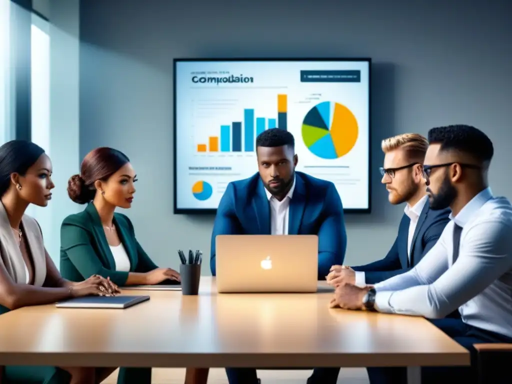 Equipo diverso colaborando en reunión de trabajo con laptops y gráficos