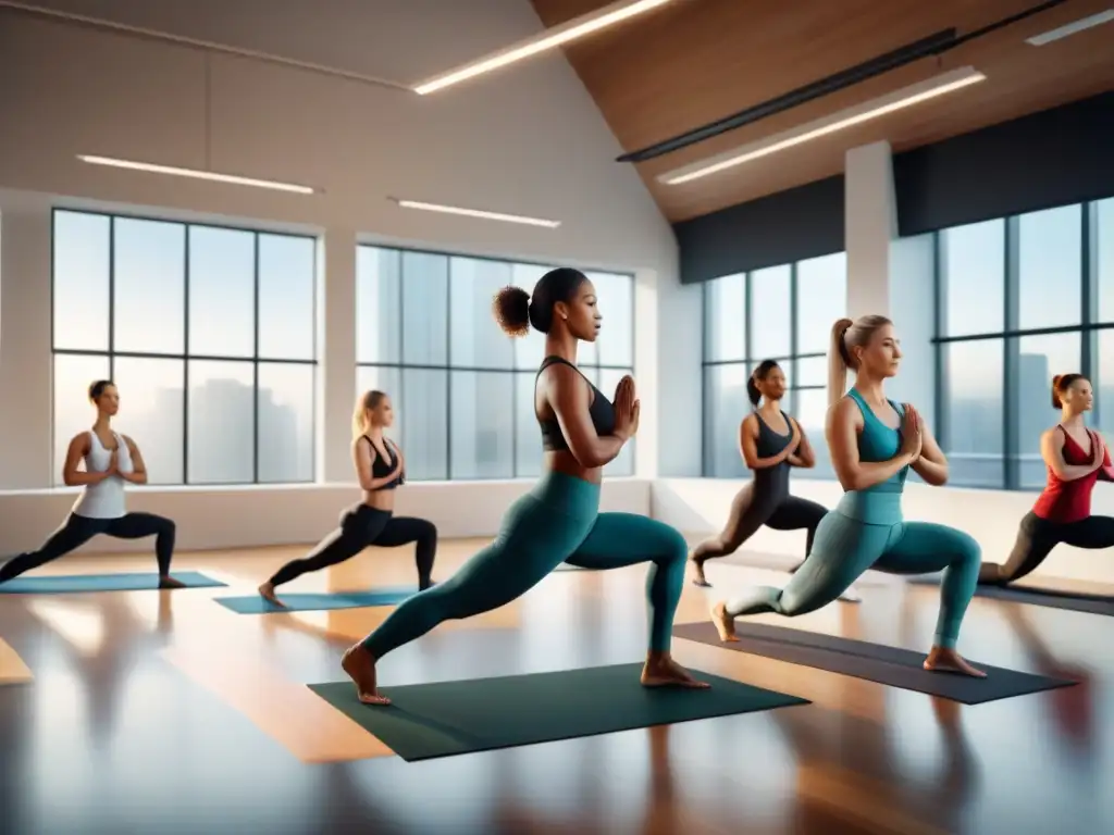 Equipo diverso en sesión de yoga matutina en oficina moderna