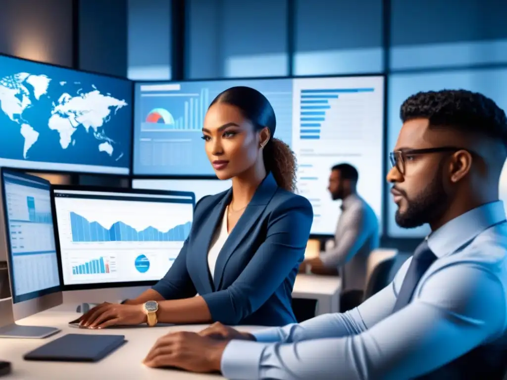 Equipo diverso colaborando en software de gestión de proyectos en oficina moderna