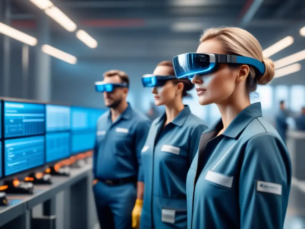 Un equipo diverso de técnicos de mantenimiento, con gafas de realidad aumentada, analiza datos en un entorno industrial futurista