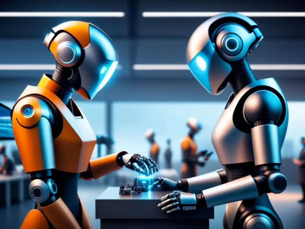 Un equipo diverso de trabajadores colabora con cobots en un entorno industrial futurista, destacando la integración armoniosa entre humanos y robots